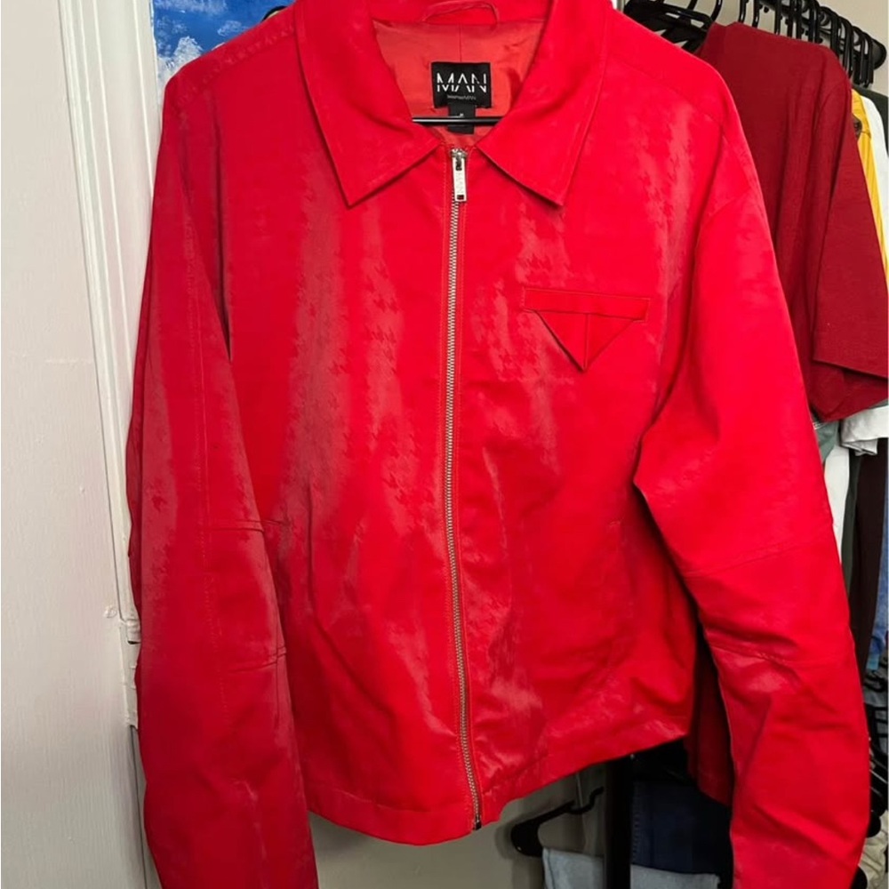Red Boxy Dogtooth Satin Polyurethane Jacket